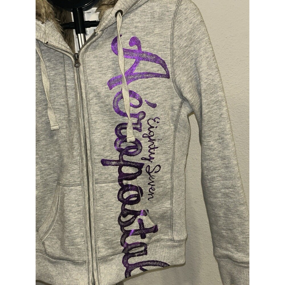 VTG Y2K Aeropostale 87 Faux Fur Lined Hoodie Grey Purple Medium Full Zip 2000s - Picture 5 of 9